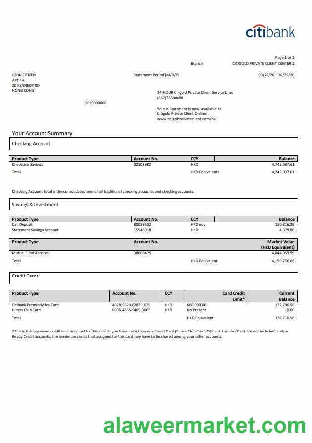 Hong Kong Citibank credit card statement